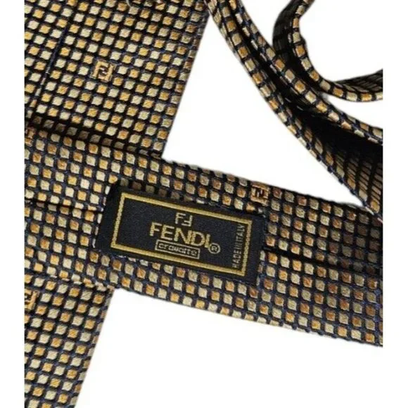 FENDI Gold Geometric Monogrammed Logo Silk Tie ITALY 59/ 3.7 EC